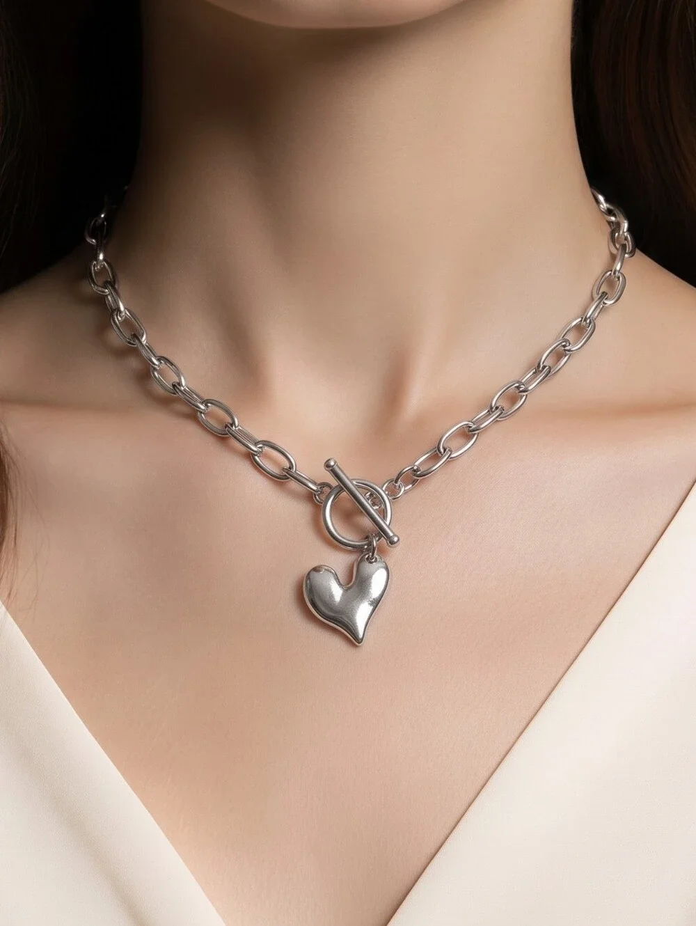 Stainless Steel Heart Choker Necklace – Hammered Love Pendant Paperclip Chain